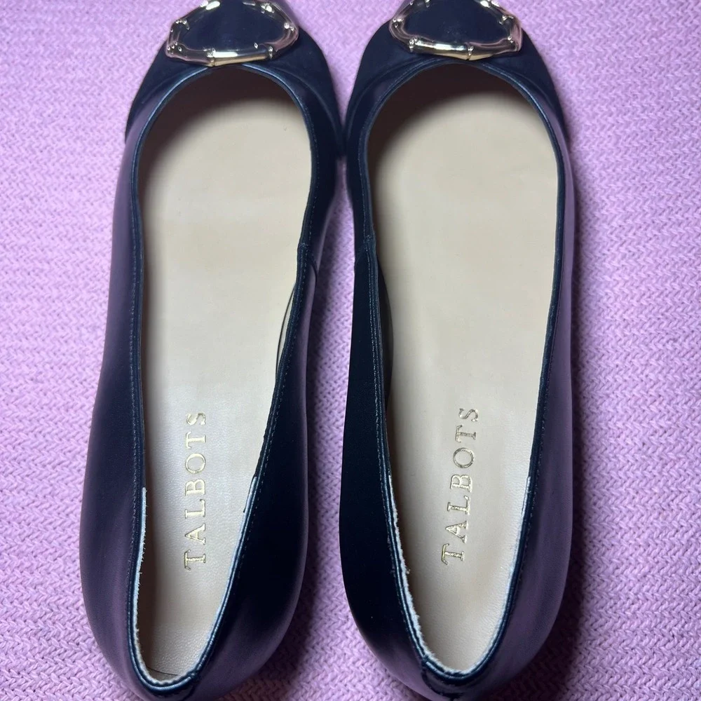 Talbots Black Leather Pointed Toe‎ Flats Gold Bamboo Buckle Suede Detail 7.5M